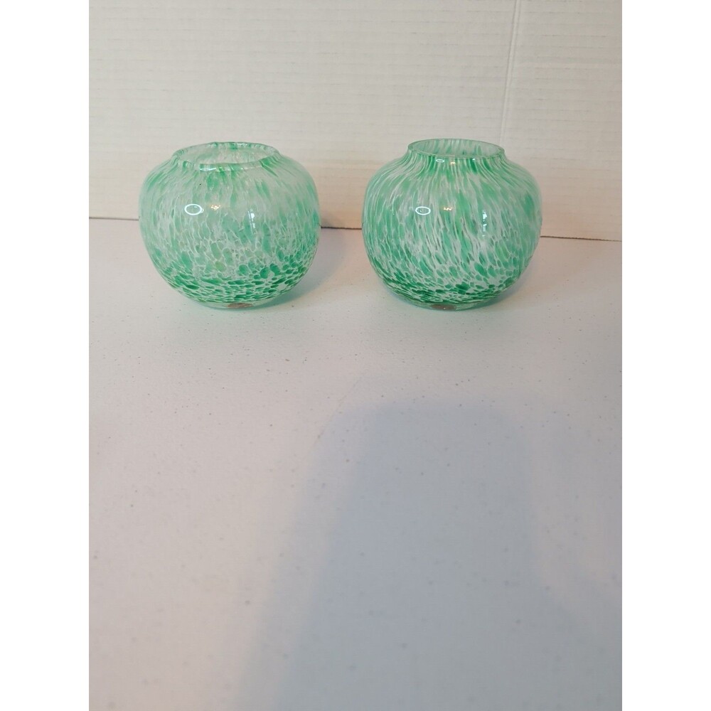 VTG Murano Arte Glass Hand Blown Green Swirl Vases Set Of 2